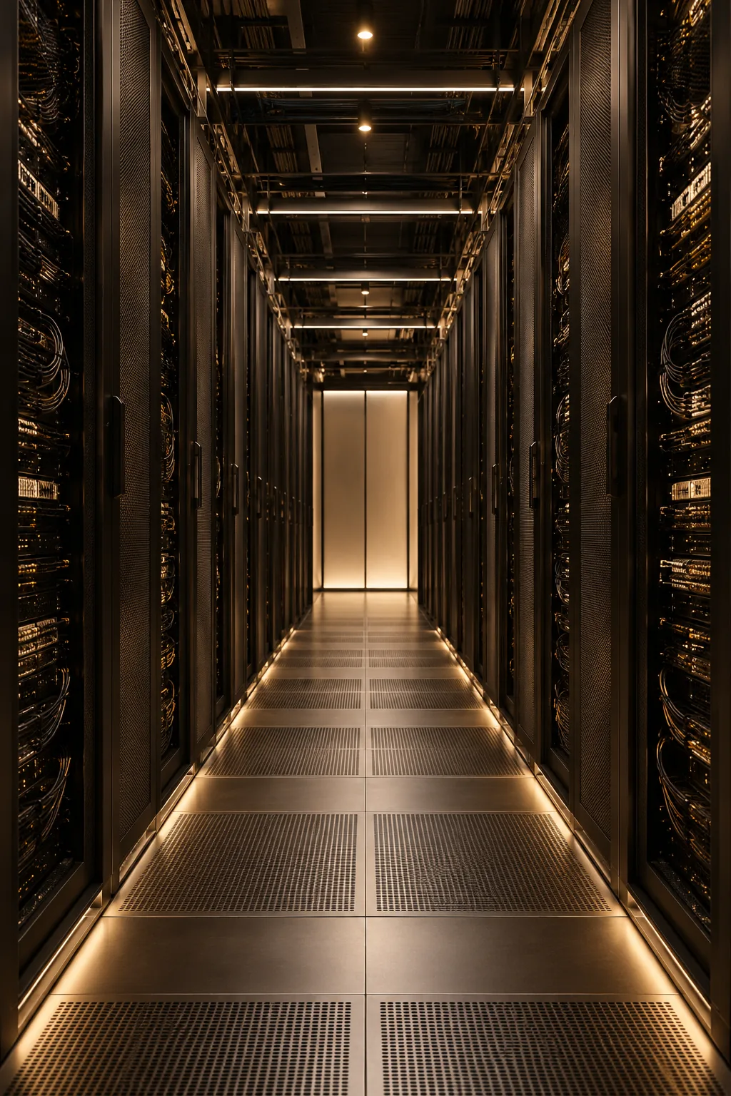 Symmetrical aisle of modern data centre server racks