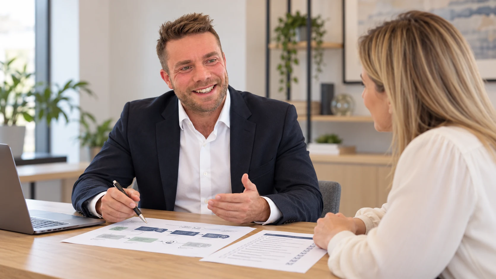 AI-created illustration of Matthew Brachmanski discussing ISO certification plans with a client