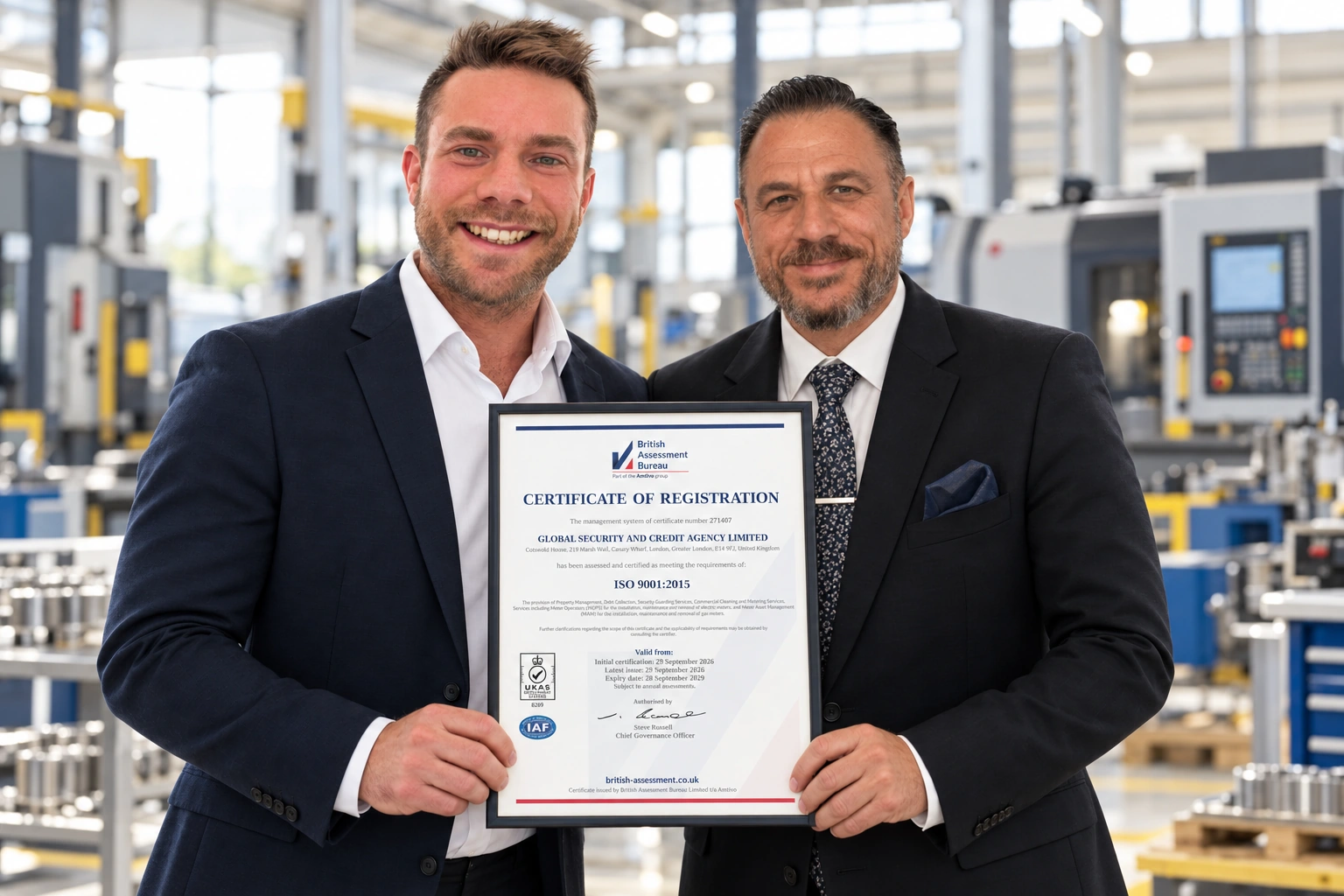 AI-created illustration of Matthew and a male client holding an ISO 9001 certificate at a manufacturing site