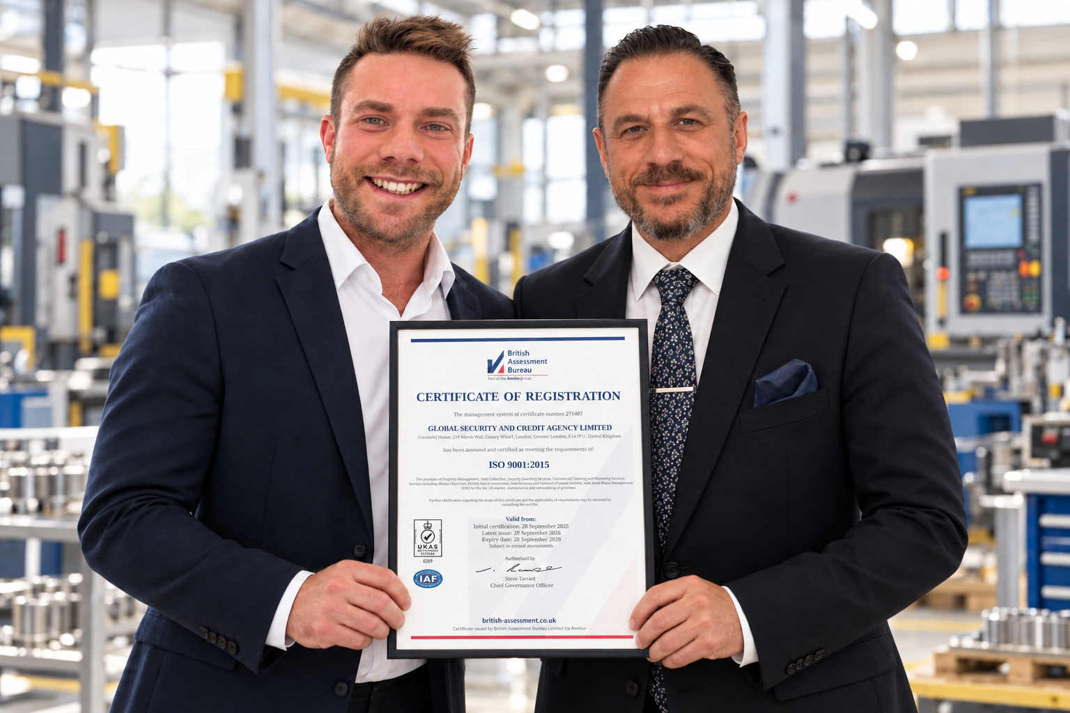 AI-created illustration of Matthew and a male client holding an ISO 9001 certificate at a manufacturing site
