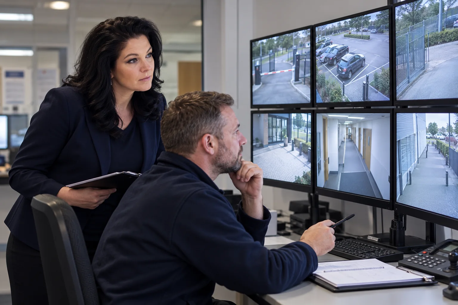 Debbie reviewing CCTV control-room procedures with a security manager — illustrative scene