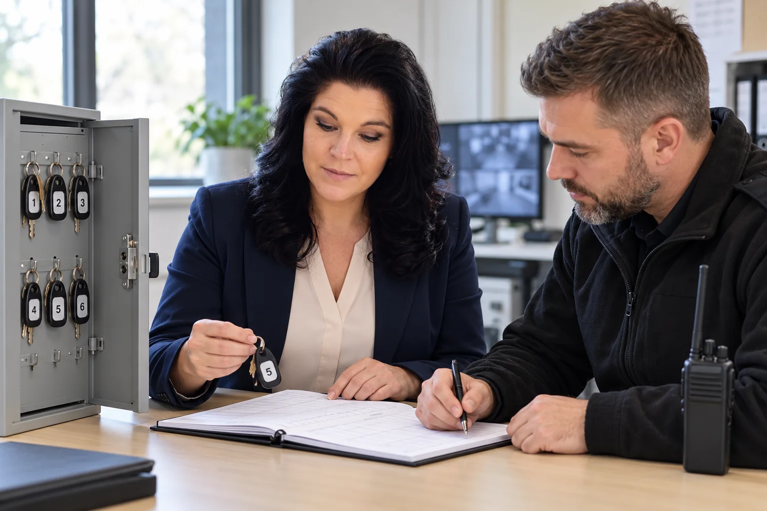 Debbie reviewing keyholding handover records with a security supervisor — illustrative scene