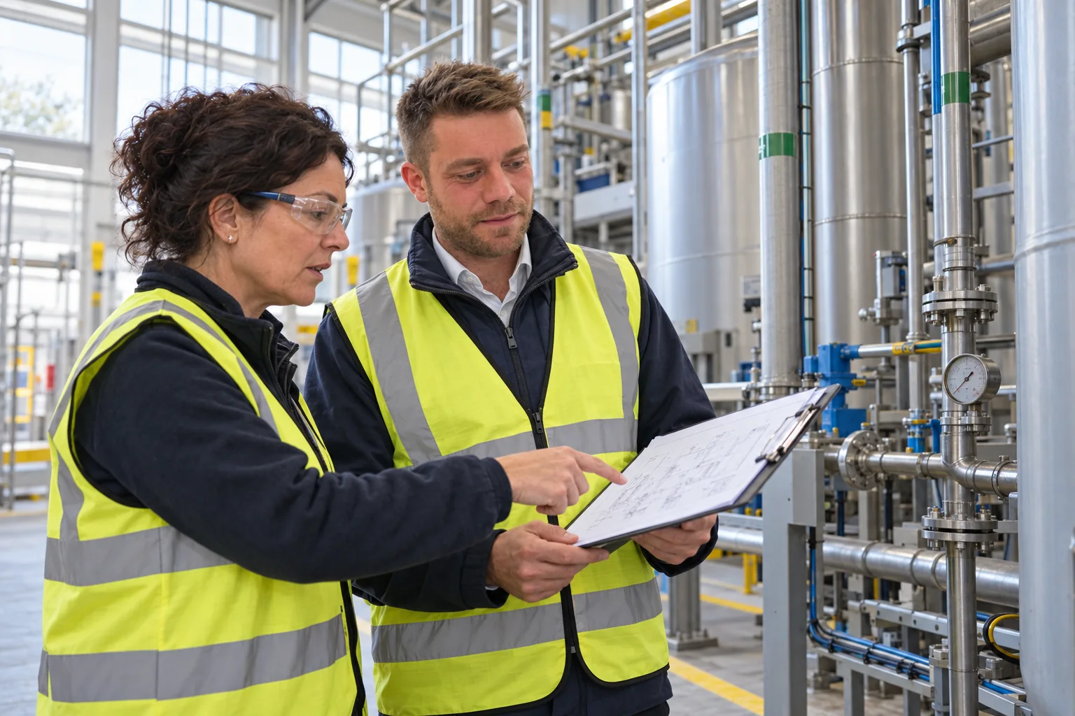 Matt reviewing process-water equipment with a manufacturing manager during an environmental gap analysis — illustrative scene