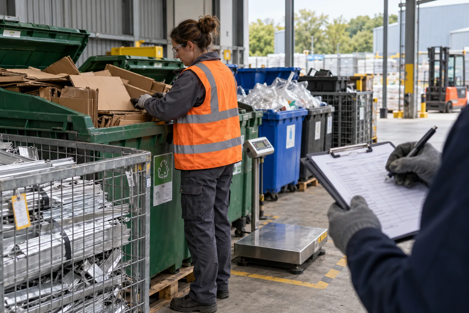 Environmental internal audit checking segregated waste and recycling controls at an industrial site — illustrative scene