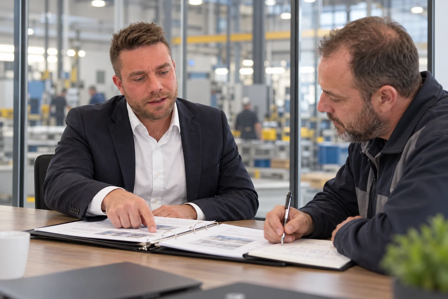 Matt reviewing audit evidence with a quality manager — illustrative scene