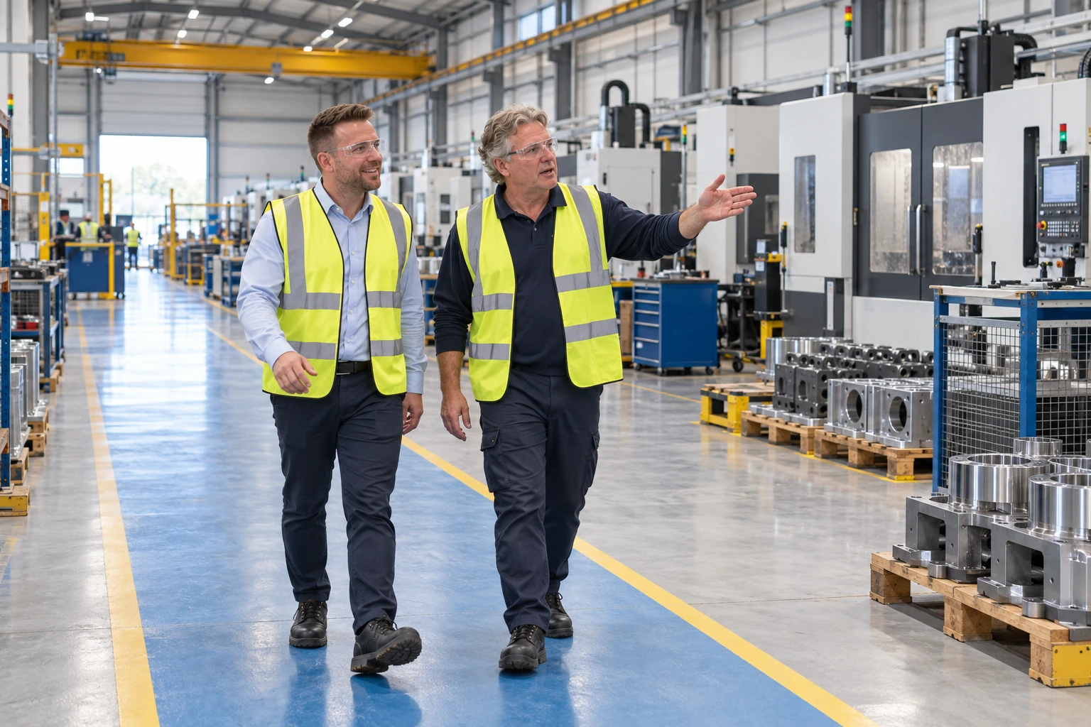 Matt walking through a manufacturing site with an operations manager