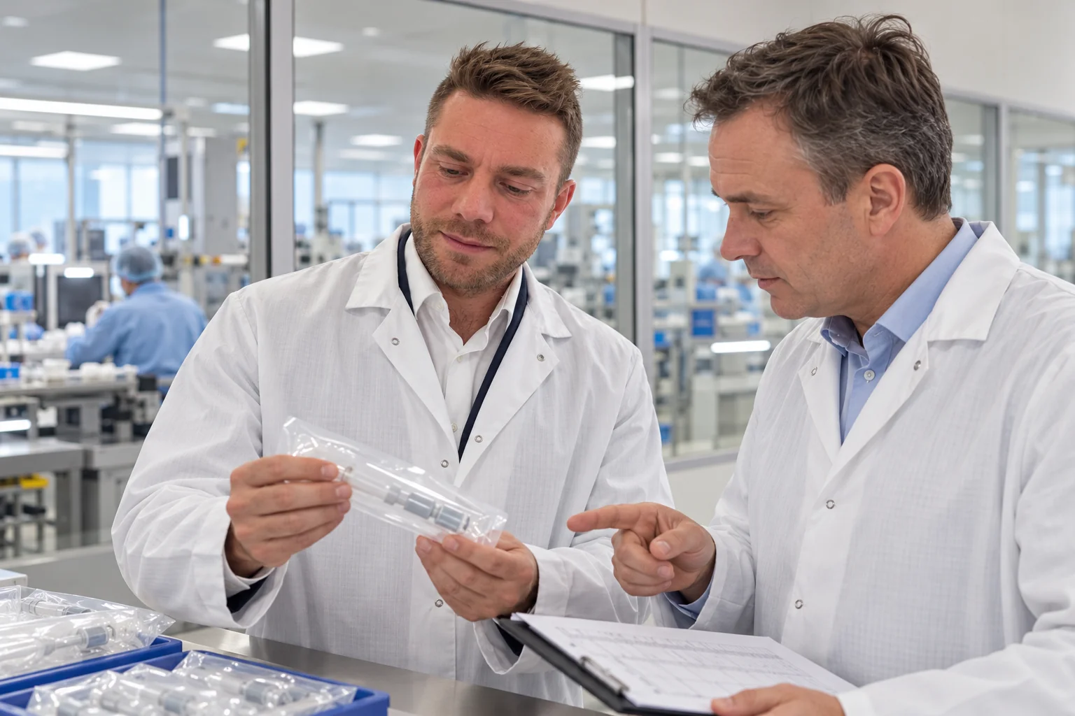 Matt reviewing quality evidence in a medical-device production area — illustrative scene