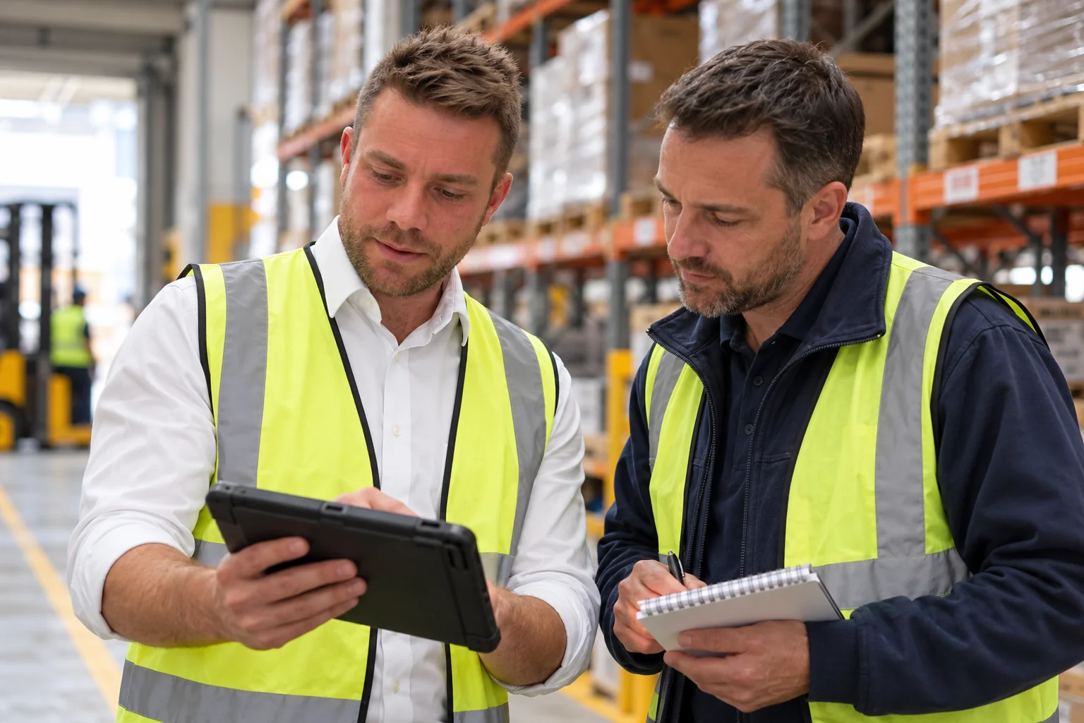 Illustrative scene of Matthew reviewing working arrangements with a warehouse manager