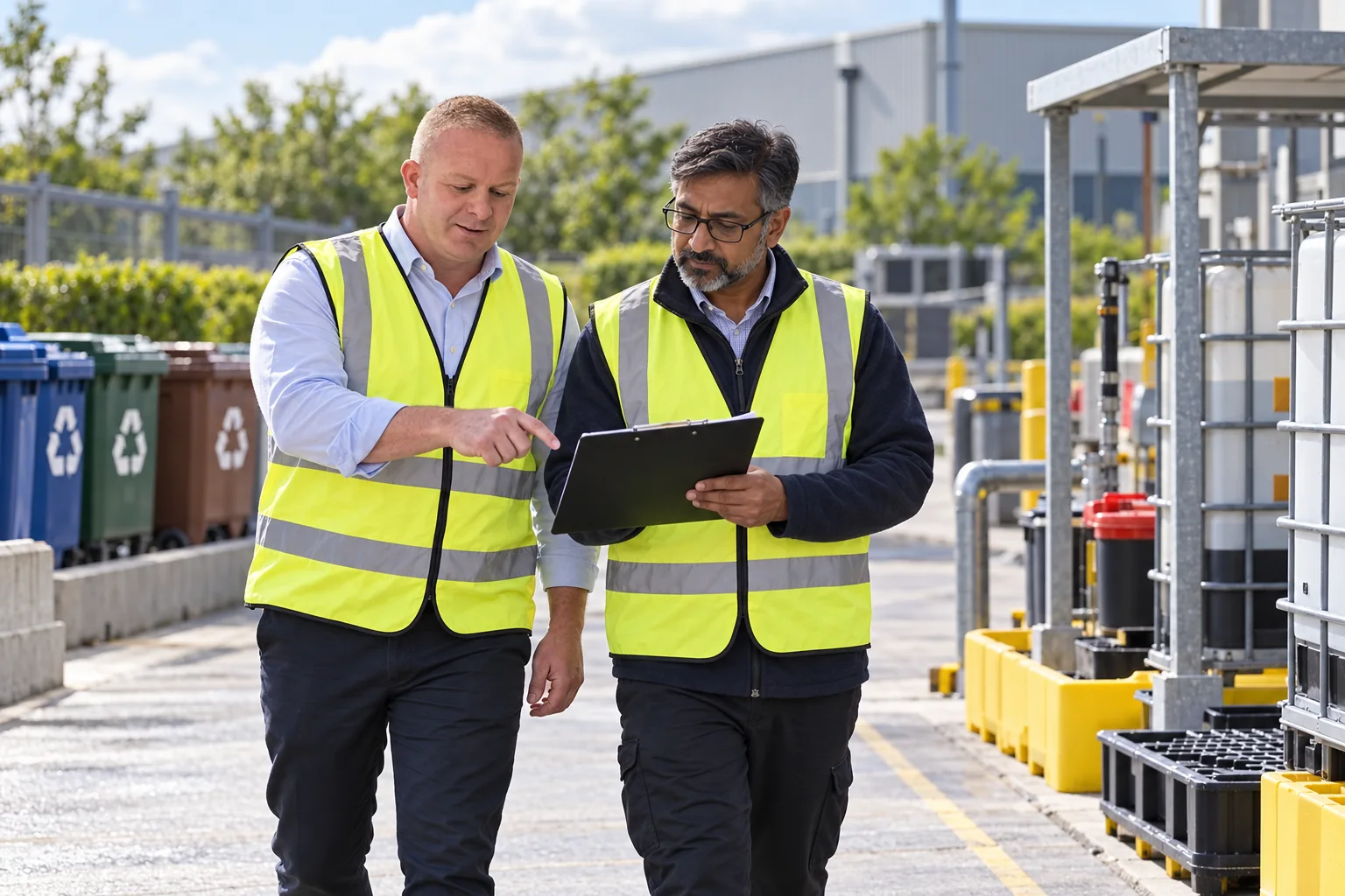 Tom reviewing waste-segregation arrangements with a site environmental manager — illustrative scene