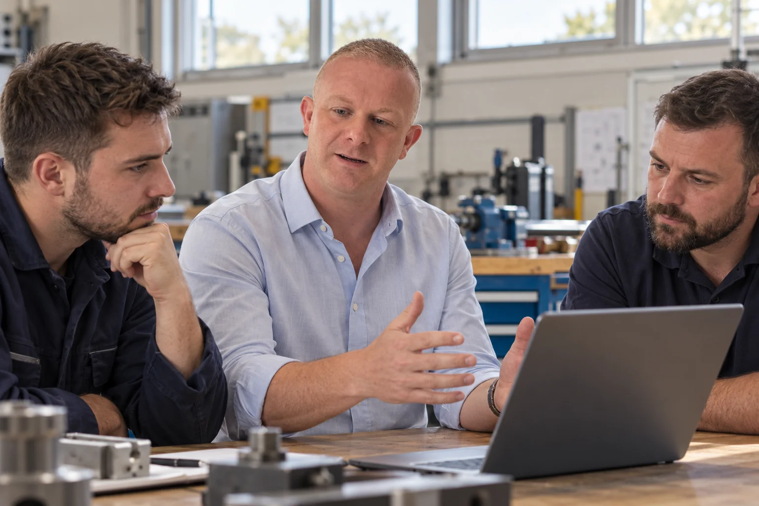 Tom explaining management-system processes to a small group — illustrative scene